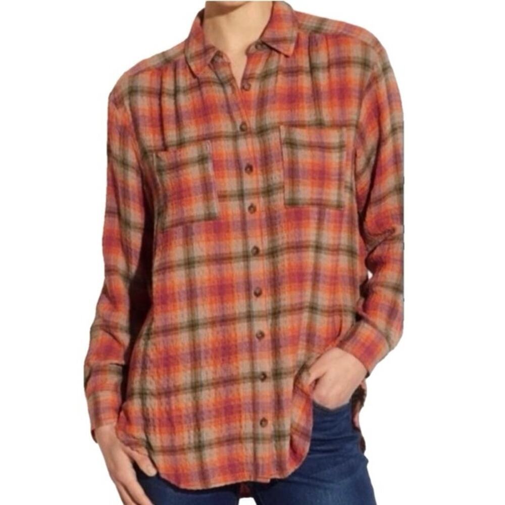 Anthropologie Pilcro The Hadley Relaced Button Down Orange Plaid Shirt Size XS